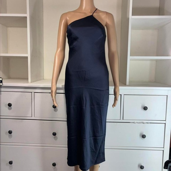 Express Dresses & Skirts - EXPRESS Navy Blue One Shoulder Satin Midi Slip Dress XS TP